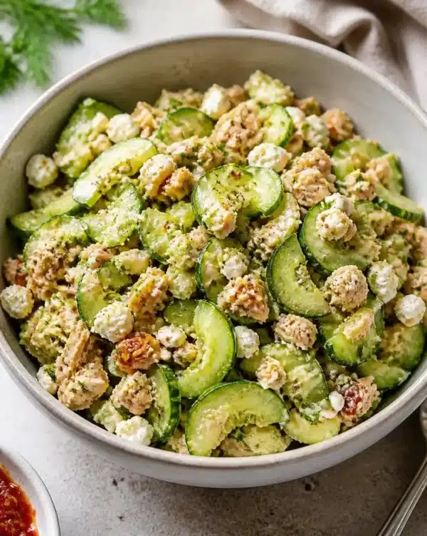 Fresh cucumber salad with herbs and dressing in a bowl