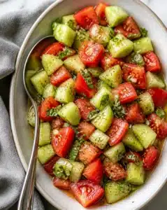 Fresh Cucumber Tomato Salad with herbs and dressing in a bowl