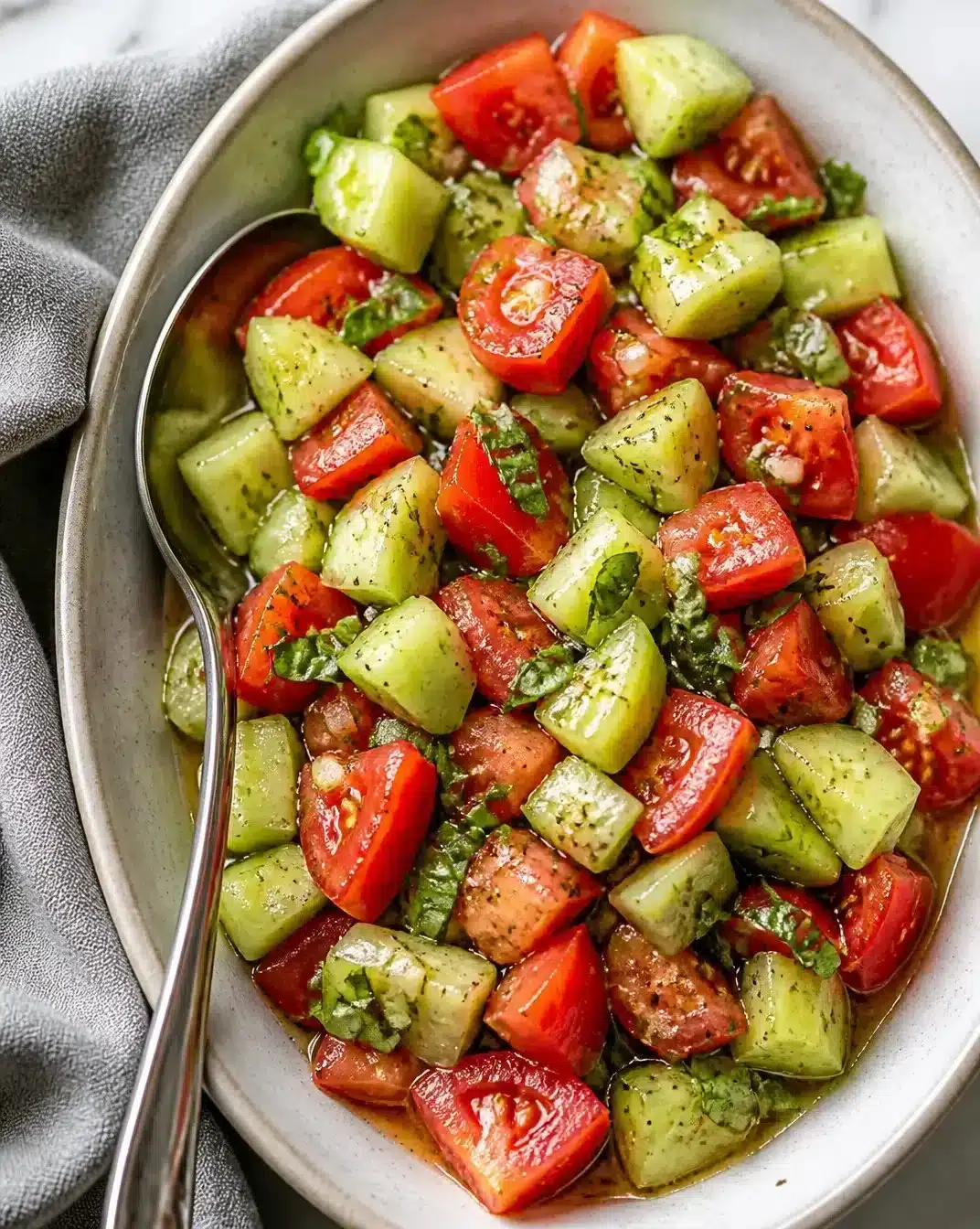 Fresh Cucumber Tomato Salad with herbs and dressing in a bowl