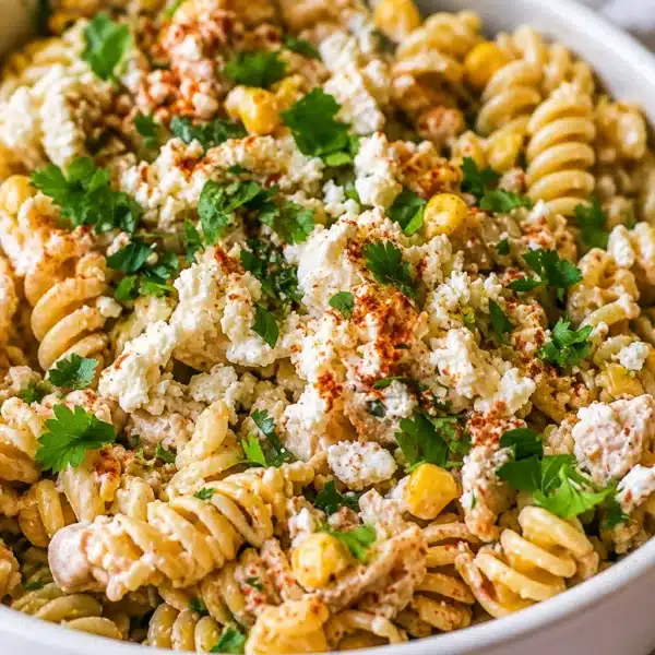 High protein chicken pasta salad with fresh veggies and creamy dressing.