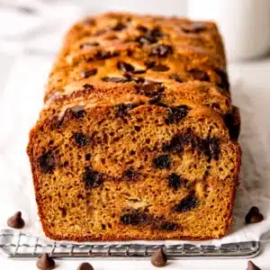 Delicious high protein banana bread slice topped with chocolate chips