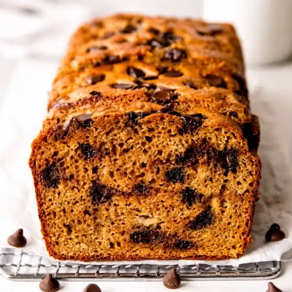 Delicious high protein banana bread slice topped with chocolate chips