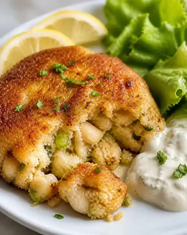 Plate of perfectly cooked easy crab cakes garnished with herbs