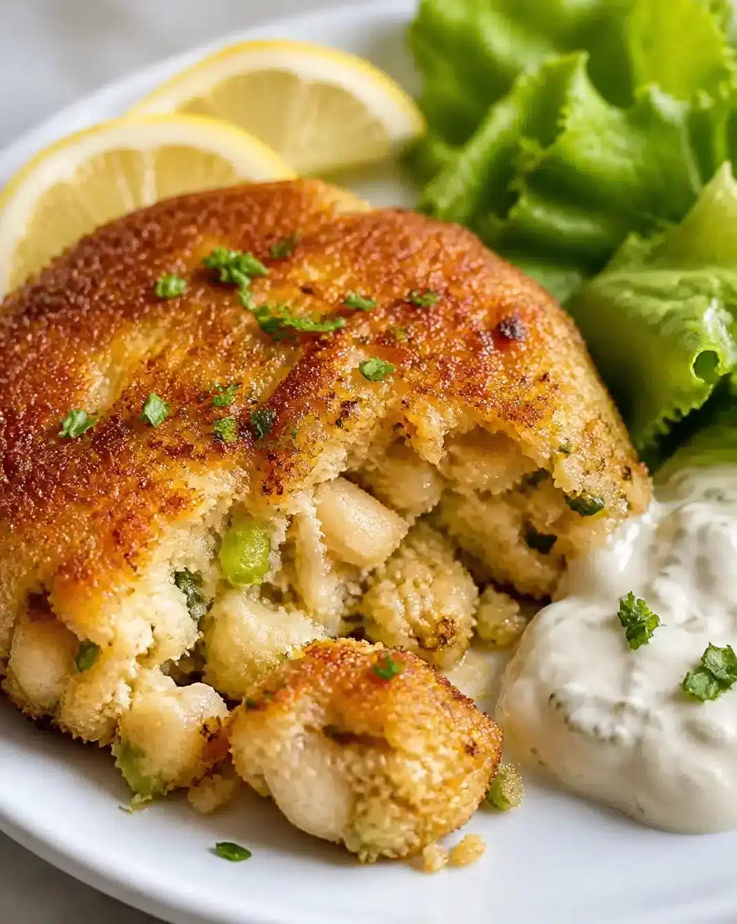 Plate of perfectly cooked easy crab cakes garnished with herbs