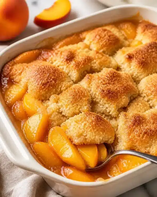 A delicious homemade peach cobbler served in a baking dish.