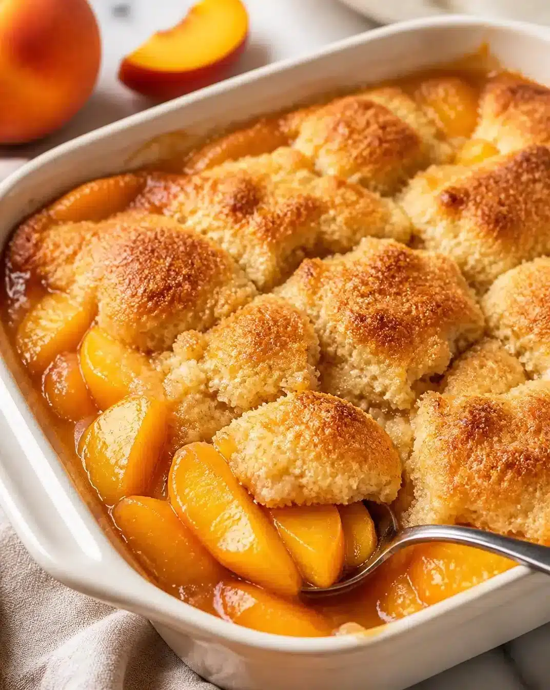 A delicious homemade peach cobbler served in a baking dish.