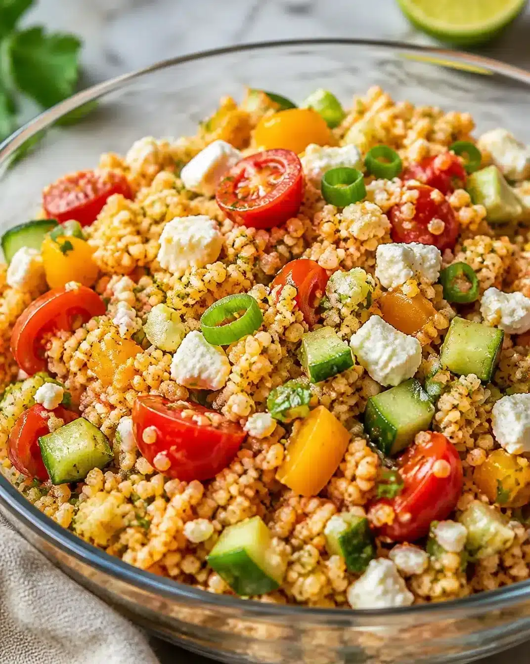 A vibrant Feta Couscous Salad with fresh vegetables and herbs