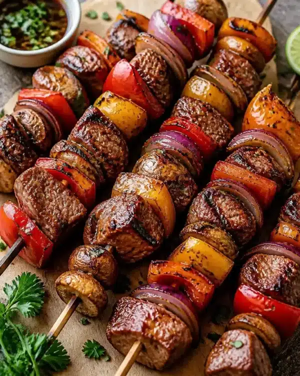 Quick and easy grilled steak kabobs ready to serve on skewers.