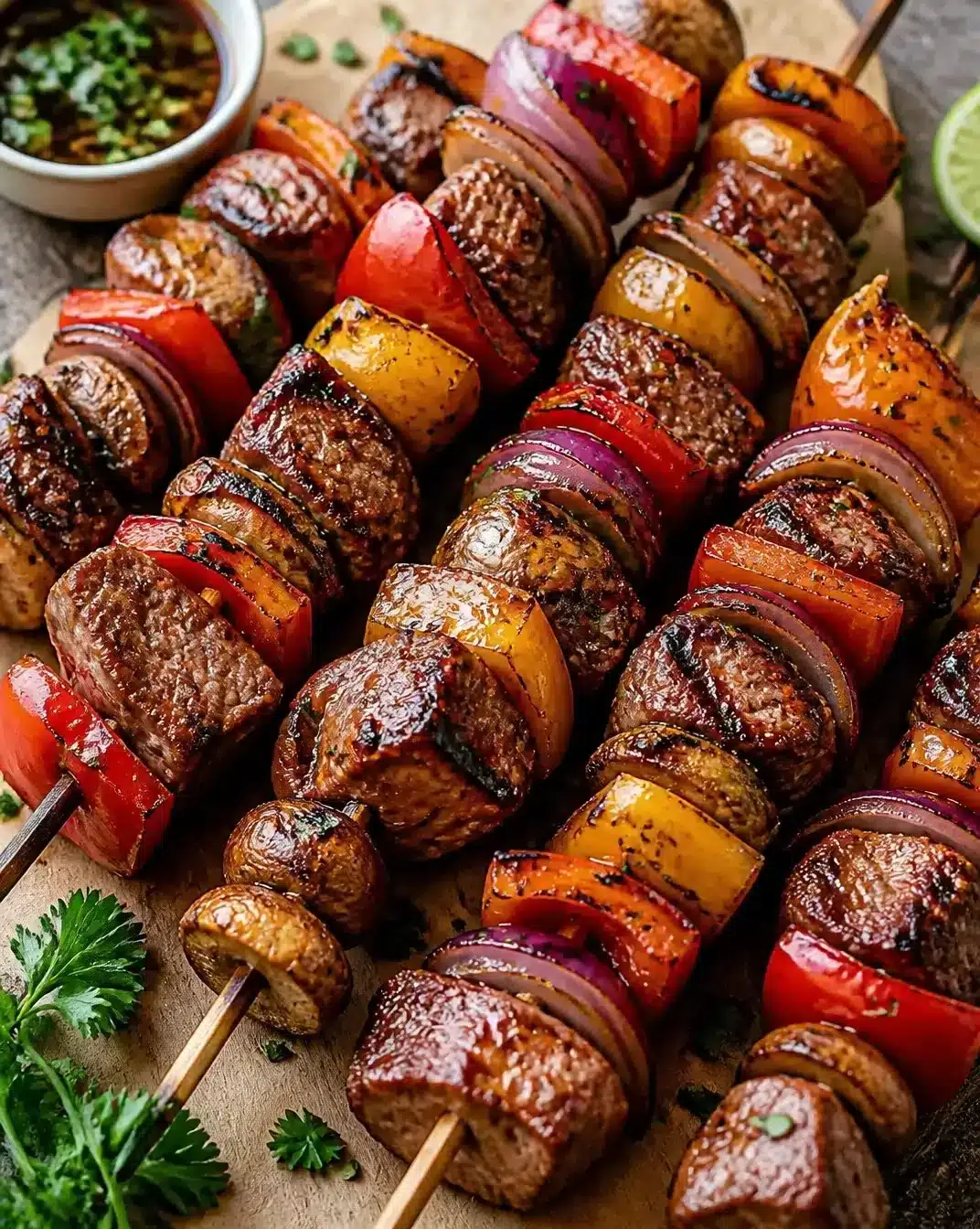 Quick and easy grilled steak kabobs ready to serve on skewers.