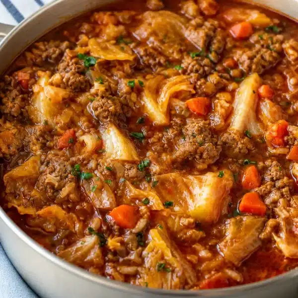 Hearty golumpki soup featuring cabbage, ground beef, and rice in a savory broth.