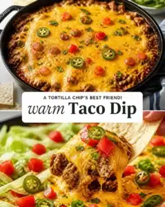 Hot Taco Dip 6 Creamy and cheesy hot taco dip served with tortilla chips