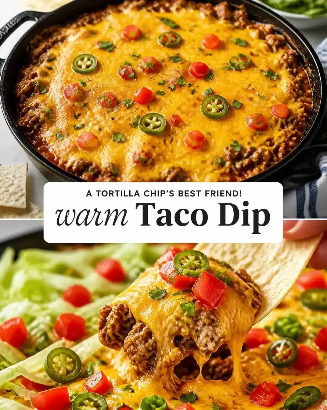 Creamy and cheesy hot taco dip served with tortilla chips