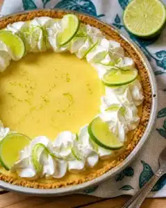 Deliciously baked Key Lime Pie topped with whipped cream and lime slices