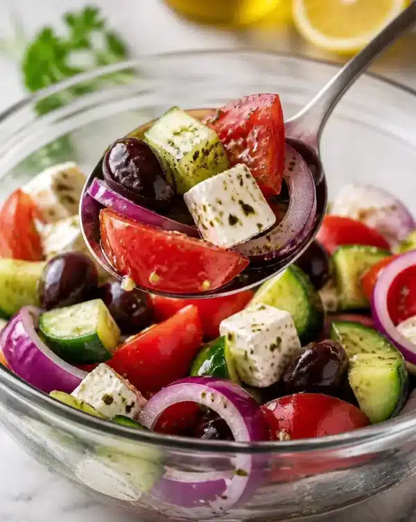 Low-Carb Greek Salad with cucumbers, tomatoes, olives, and feta cheese