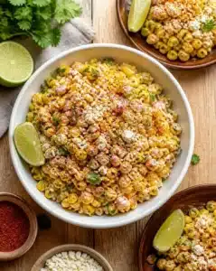 Delicious Mexican street corn salad with fresh ingredients and spices in a bowl.