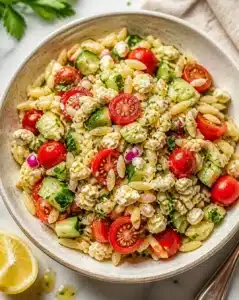 Delicious Orzo Salad with fresh vegetables and zesty dressing