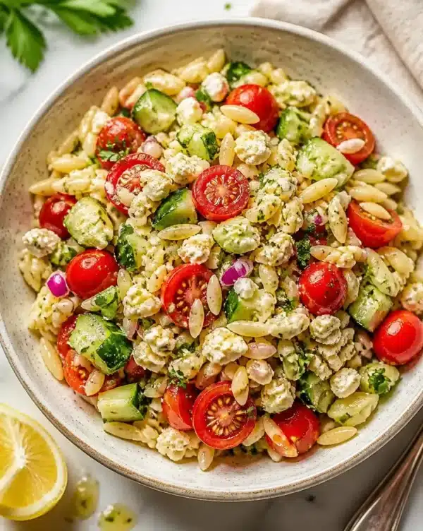 Delicious Orzo Salad with fresh vegetables and zesty dressing