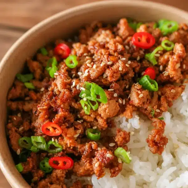 Healthy ground turkey rice bowl with seasoned turkey, fluffy rice, and fresh veggies.