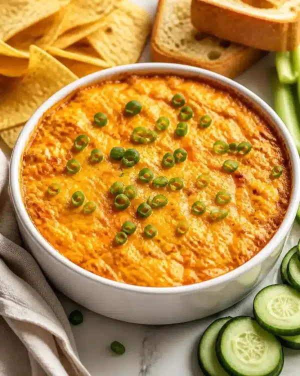 Bowl of Simple Buffalo Chicken Dip with chips and veggies for dipping