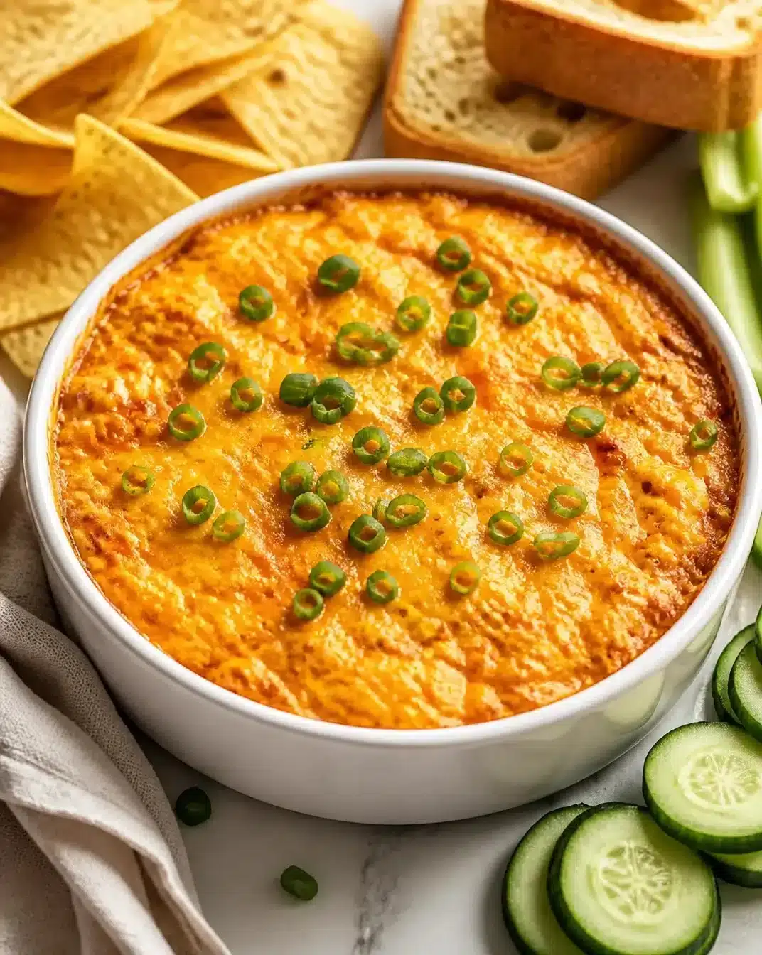 Bowl of Simple Buffalo Chicken Dip with chips and veggies for dipping