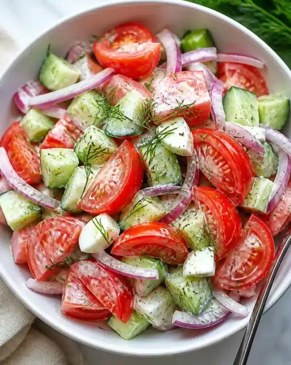 Fresh and colorful simple tomato salad displayed in a bowl