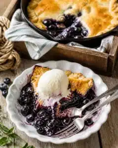 Delicious skillet blueberry pie topped with fresh blueberries.
