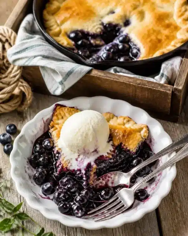 Delicious skillet blueberry pie topped with fresh blueberries.