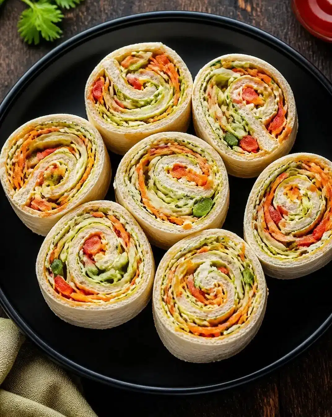 Delicious spiral sandwiches with colorful fillings on a platter.