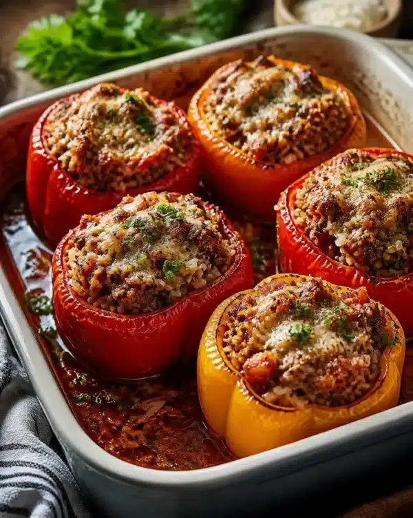 Colorful stuffed peppers filled with meat, rice, and vegetables on a plate
