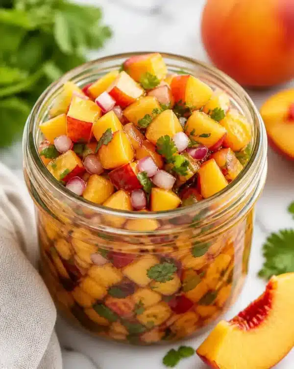 Bowl of sun-kissed peach salsa with fresh ingredients and vibrant colors