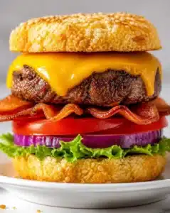 Perfectly cooked juicy hamburgers on a grill with fresh toppings
