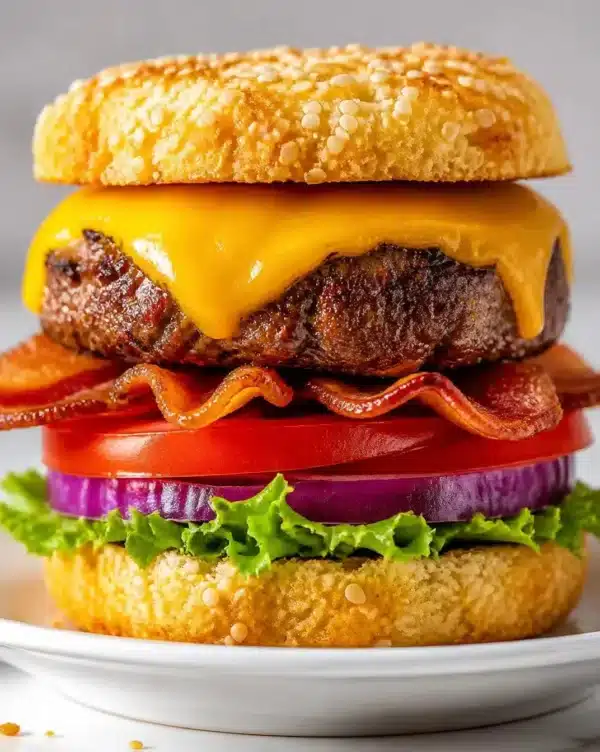Perfectly cooked juicy hamburgers on a grill with fresh toppings