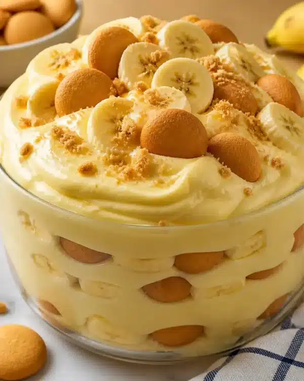 Delicious thick and juicy banana pudding dessert in a serving bowl