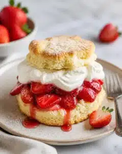 Traditional strawberry shortcake with fresh strawberries and whipped cream