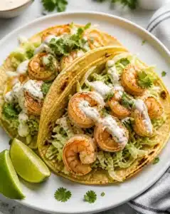 Ultra-easy shrimp tacos topped with fresh ingredients and lime