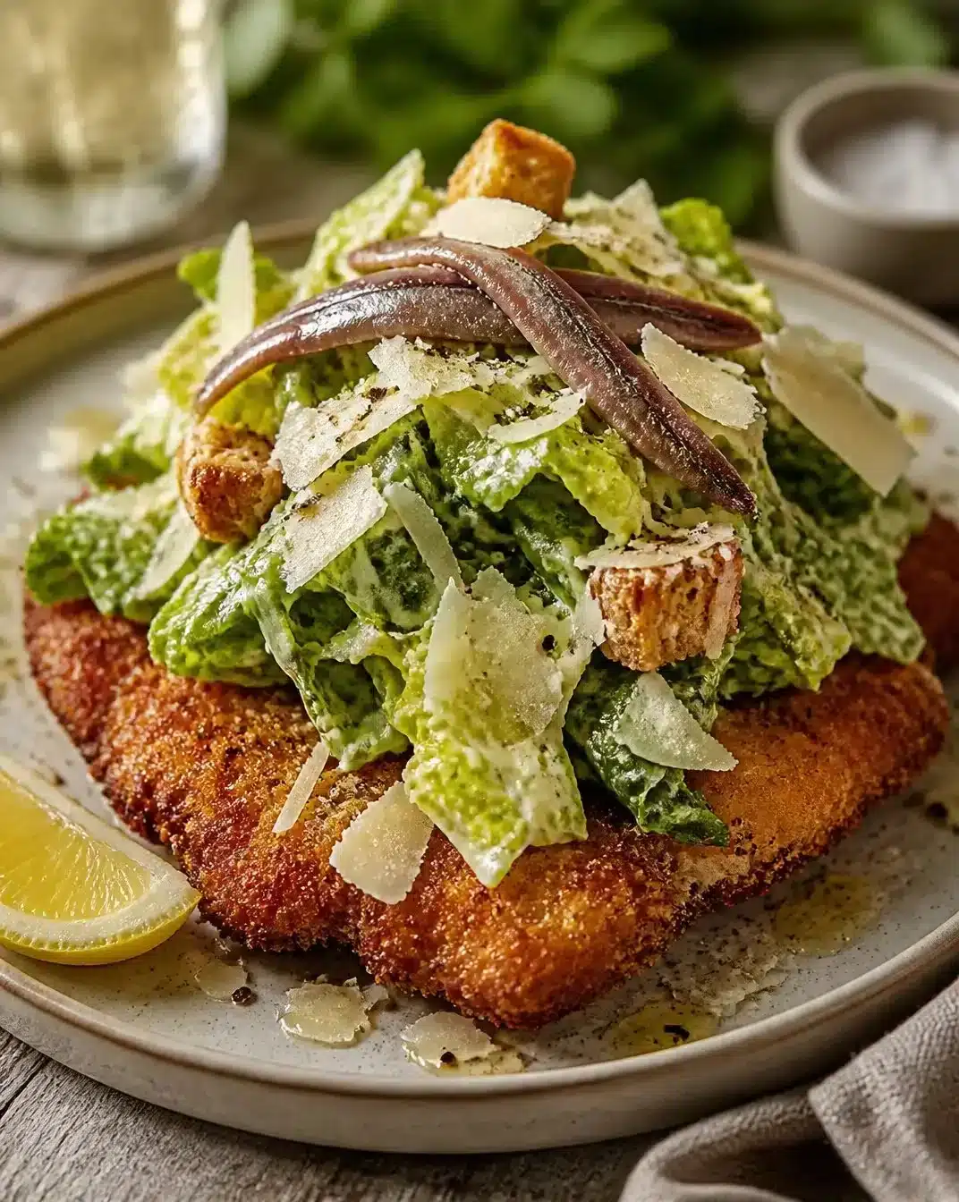 Viral Chicken Caesar Salad served on a crispy chicken cutlet
