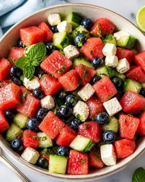Delicious Watermelon Feta Salad with mint and balsamic drizzle