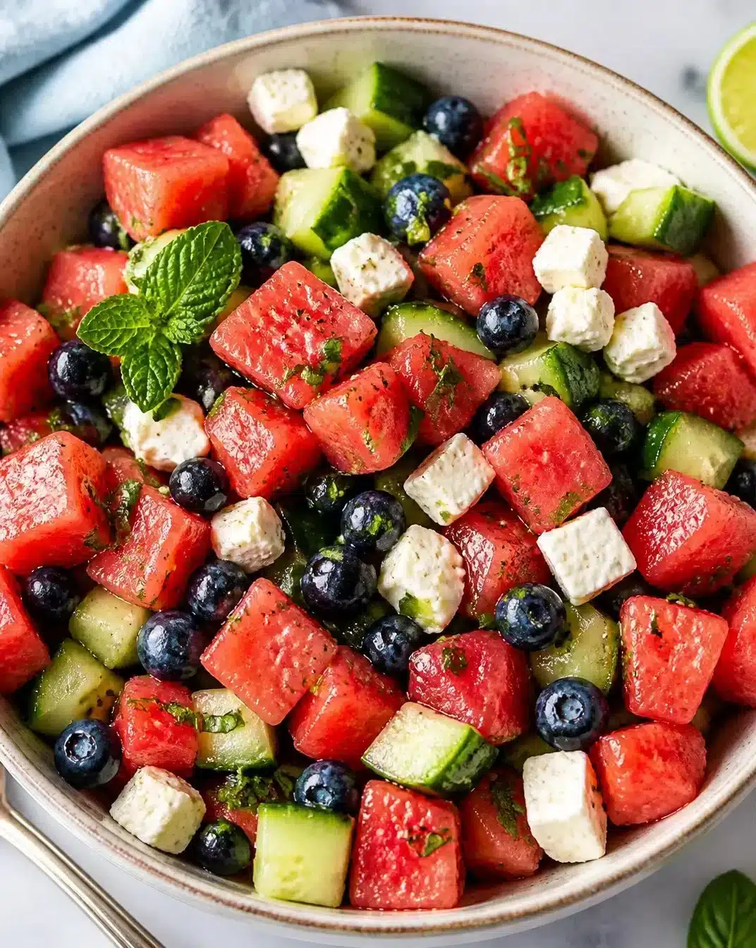 Delicious Watermelon Feta Salad with mint and balsamic drizzle