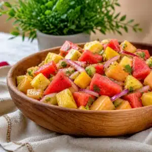 A colorful array of fresh healthy summer salad ingredients including fruits and vegetables.