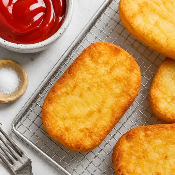 Crispy air fryer hash browns served with a side of dipping sauce.