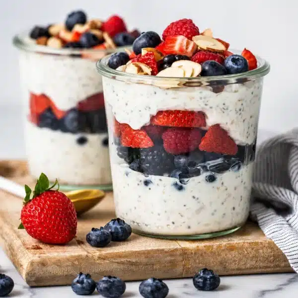 High protein overnight oats without protein powder in a bowl with toppings.