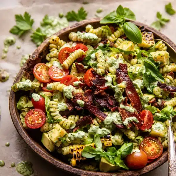 Delicious BLT Pasta Salad with bacon, lettuce, and tomatoes in creamy ranch dressing