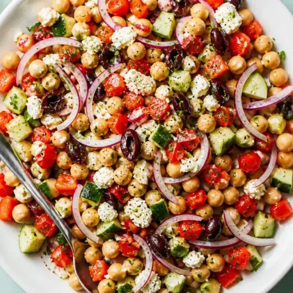 Mediterranean chickpea salad with fresh vegetables and lemon vinaigrette