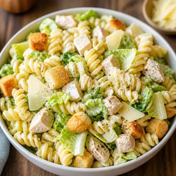 Delicious Chicken Caesar Pasta Salad with rotini pasta, grilled chicken, and Caesar dressing