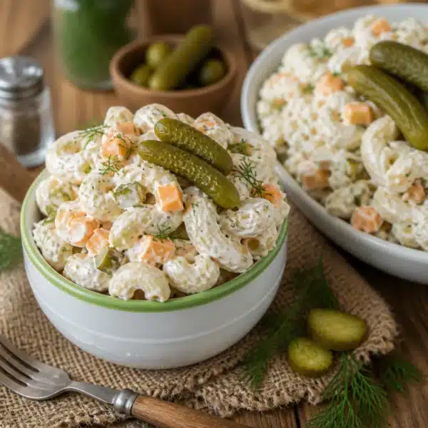 Creamy Dill Pickle Pasta Salad with cucumbers, cheddar cheese, and fresh herbs.