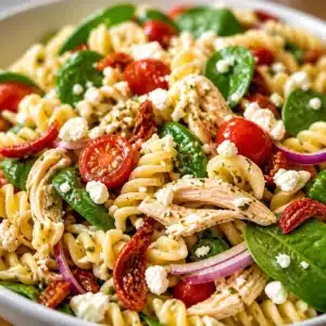 Delicious sun dried tomato pasta salad with fresh ingredients and tangy dressing.