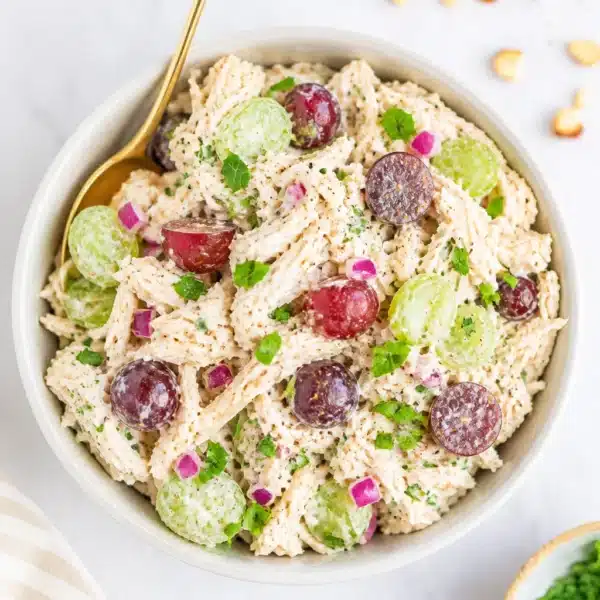 Creamy Greek yogurt chicken salad with celery, chicken, and fresh dill.