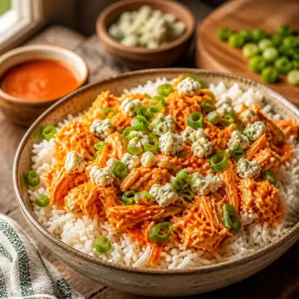 Delicious buffalo chicken meal prep bowls with rice, veggies, and spicy sauce.
