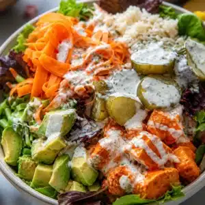 Delicious healthy buffalo chicken bowl topped with vegetables and ranch dressing