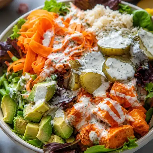 Delicious healthy buffalo chicken bowl topped with vegetables and ranch dressing